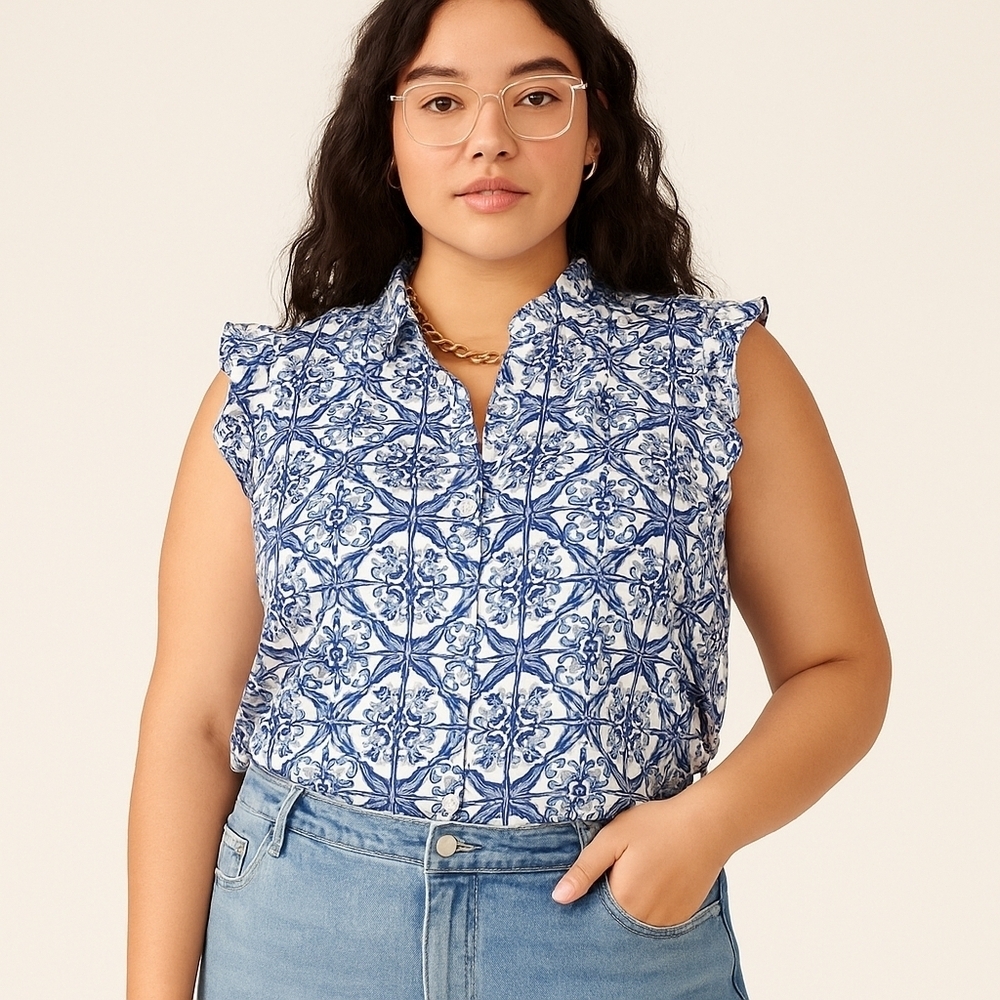 Liz Claiborne Blue Patterned Sleeveless Blouse Keyhole Neckline XXL NWT